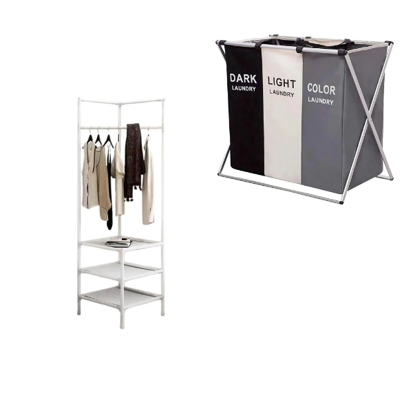 Rack Perchero Esquinero Ropa + Cesta Triple Plegable 3 En 1