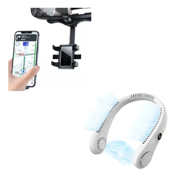 Soporte Teléfono Carro Retrovisor + Ventilador De Cuello USB